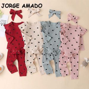 Lente baby pyjama 3-pcs sets breiende wafel liefde hart lange mouwen bodysuit + broek met hoofddeksels kleding E003 210610
