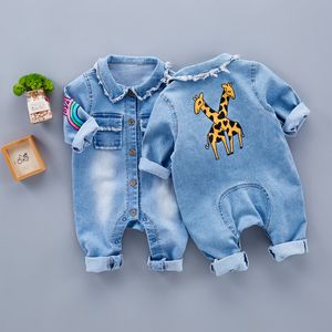 Printemps bébé enfant en bas âge à manches longues col à revers Denim jean girafe motif arc-en-ciel barboteuses enfants combinaisons pour bébés roupas de bebe LY083