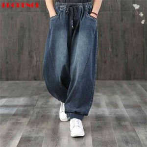 Lente baggy jean casual mode vintage brede been broek moeder hoge taille zak straat vrouwelijke denim broek 210809