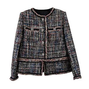 Lente zwart contrast kleur contrast trim tweed jas lange mouw ronde nek weven pailletten single-breasted jassen jassen kort uitklapen A2N086451