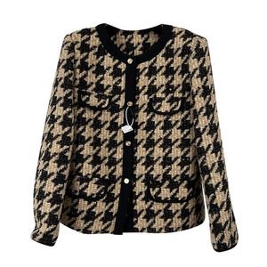 Printemps noir pied-de-poule contraste garniture veste en tweed à manches longues col rond lambrissé vestes à simple boutonnage manteau court vêtements d'extérieur A2N086423