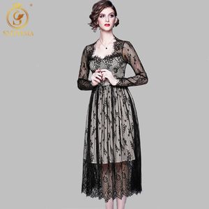 Spring Black Lace Jurken Dames Bloemen Haak Hol Vestidos Werken Casual Elegante Dames Party Lange Jurk 210520