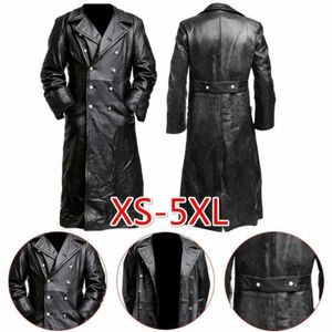 Spring Black Long Pu Leather Trench Coat Jacket For Men Vintage Steampunk Gothic Jacket Overcoat German Officer Military Uniform