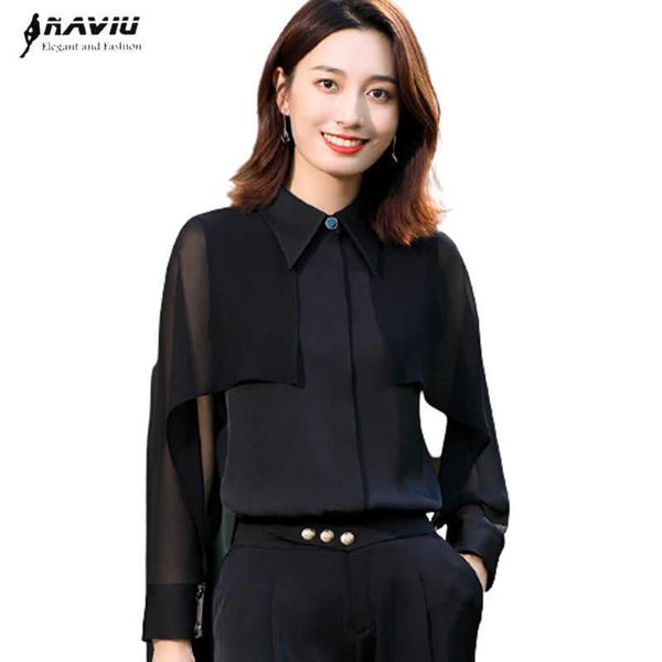 Camisa negra de primavera para mujer, blusas formales de manga larga con temperamento a la moda, blusas de trabajo de negocios para mujer de oficina 210604