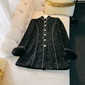 Veer zwarte vaste kleur kralen Tweed jurk lange mouw stand kraag pailletten met één borte casual jurken J3D188286