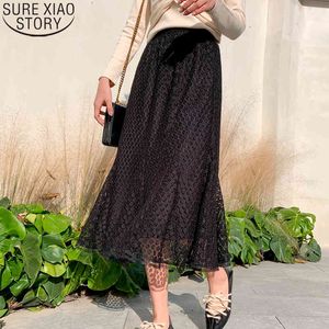 Printemps Noir Blanc Solide Dentelle Midi Femmes Casual Coréen Vintage Élastique Taille Haute Maxi Jupes Longues pour Femmes 8773 210417