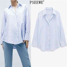 Lente blauw geruite shirt vrouw lange mouw casual button up plaid vrouwen mode basic dames blouse 210519