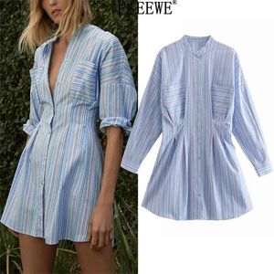 Lente blauwe gestreepte shirt jurk vrouw lange mouw ruches korte es vrouwen casual pockets knop vintage 210519