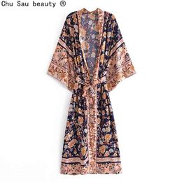 Lente boho stijl losse vintage print v nek lace-up flare mouw kimono lange jurk vrouwelijke mode chic 210508