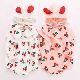 Spring Born Baby Girls Lange Mouwen Leuke Kersen Afdrukken Rompertjes en Hoed Kleding Herfst Peuter Jumpsuits 210429