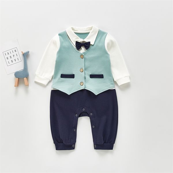 primavera niño bebé mameluco infantil guapo falso de dos piezas caballero pajarita mono ropa 210702