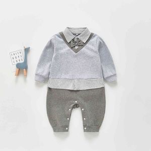 Lente jongen schat zuigelingen en jonge kinderen klimmen kleding gestreept stropdas knappe heer jumpsuit baby romper 210515