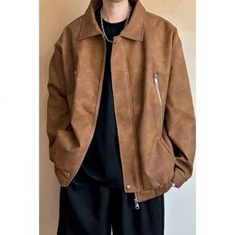 Manteau de marque de printemps pour hommes, veste en cuir polyvalente américaine, col rabattable, fermeture éclair, mode moto