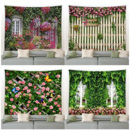 Primavera mariposa flores tapiz retro cerca de madera naturaleza rosa rosa plantas floral colgante de pared jardín decoración del hogar paisaje tela 240304