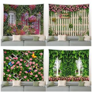 Lente Vlinder Bloemen Wandtapijt Retro Houten Hek Natuur Roze Roos Planten Bloemen Muur Hangende Tuin Home Decor Landschap Doek 240304