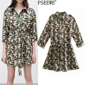Printemps Camouflage imprimé Mini robe femme mode ceinture courte es femmes décontracté poches bouton Up chemise 210519