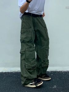 Printemps Cargo pantalon riz blanc multi-poches salopette Harajuku reste hommes pantalon décontracté ample pantalon de nettoyage droit 240125
