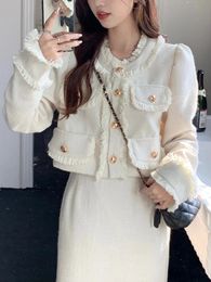 Printemps décontracté remorquage pièce ensembles femmes blanc court Tweed veste mode coréenne jupe longue femme élégant Chic mince doux costume 240103