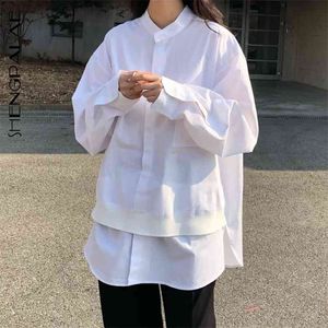 Printemps Chic Stand plomb Blouses blanc surdimensionné faux deux papier fendu Joint à manches longues femme coréenne chemise FU023 210427