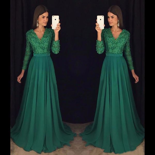 Printemps mousseline de soie vert émeraude manches longues une ligne grande taille robes de bal col en V profond perles perles robes de soirée formelles sur mesure SD3410