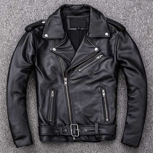 Chaqueta clásica de primavera para motocicleta con cremallera oblicua, chaqueta de cuero para hombre, piel de becerro Natural, chaqueta gruesa delgada de piel de vaca para hombre 211222