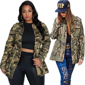 Printemps Vêtements pour Femmes Rivet Patch Plus La Taille Manteau Dessin Slim Streetwear Camouflage À Manches Longues Veste En Gros Drop 210722