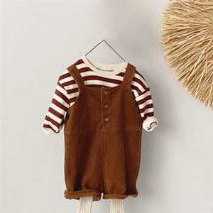Spring Clothing Sets Striped Top + Corduroy Overalls Shorts 2 stks Baby Boy Clothes Girl Kid Suit 210528