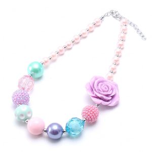 Collier de perles épaisses pour filles, couleur printemps, violet, rose, fleur, bubblegum, bijoux charmants pour enfants