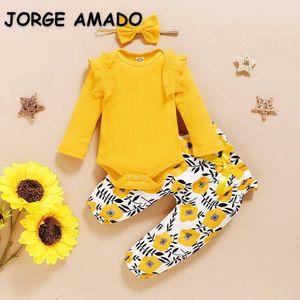 Lente katoen baby meisje outfit wafel lange mouwen jumpsuit + bloemenbroek haarband 3-delige sets E6064 210610