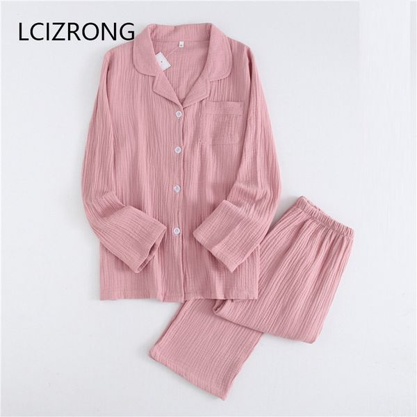 Frühling Baumwolle Crepe Paar Pyjama Set Frauen Solide Plus Größe Hülse Strickjacke Lange Hose Hause Anzüge Nachtwäsche Nachthemd Weibliche Y200708