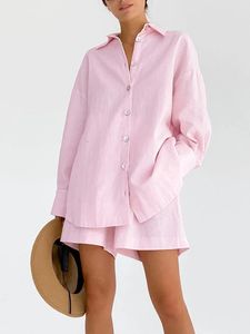 Spring Cotton Linen Home Suit voor vrouwelijke roze brede shorts met shirts tracksuit casual tweedelige set dames pyjama's 240420