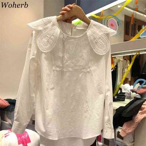 Lente katoen vrouwen kleding kant lange mouw casual shirt Koreaanse mode tops Peter pan kraag witte elegante blouse 210519