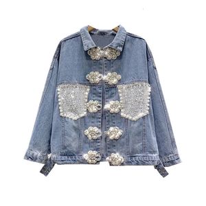 Veste denim de printemps Femmes Heavy Industry Diamond Classed Perle Disc Boucle en vrac Vêtements Vintage 240423