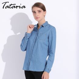 Lente denim shirt vrouwen lange mouwen turn-down kraag blouse jeans vrouwelijke blauwe jean mode kleding tataria 210514