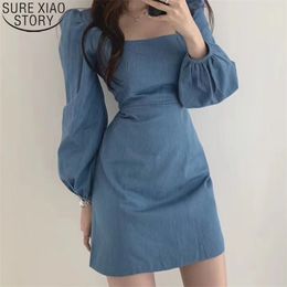 Vestido de primavera cuello cuadrado estilo coreano Chic Drsss mujeres cintura alta Slim Fit azul es Puff manga Mini Vestidos 12148 210506
