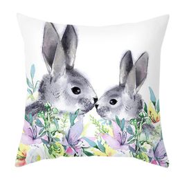 Printemps pâques décor à la maison housse de coussin fleurs lapin imprimé oreiller décorations carré lin jeter taies d'oreiller 240325