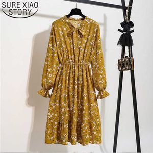 Printemps élégant nœud taille haute plissé Maxi Robe à manches longues Vintage Floral en mousseline de soie Robe d'été Robe Robe 8824 50 210527