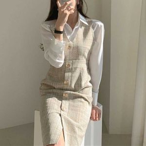 Lente elegante Koreaanse vrouwen hoge kwaliteit sexy v-hals enkele breasted slanke mouwloze vintage plaid vest jurk 210529