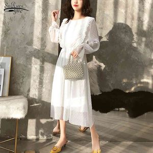Lente elegante ruches polka dot witte vrouwen chiffon jurk elastische taille vrouwelijke lange vestidos retro A-lijn 3508 50 210508