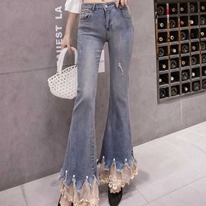 Lente borduurwerk patchwork jeans broek bloemen veters elegante vrouwelijke brede benen flare hoge taille dames lange broek 210531