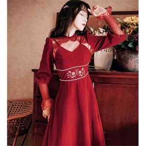 Lente borduurwerk fluwelen jurk vrouw rood effen volledige mouw mid-kalf lange vrouwen avondfeest es vrouwelijke elegante 210603