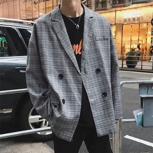 Spring England Style Young Fashion Double Breasted Plaid Blazer Men Overcasual Pak 201104