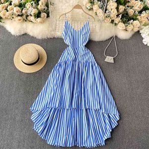 Spring European American Ins Wind Vestidos Mujer Backless Classic Striped Niche Lotus Leaf Large Swing Suspender Dress C281 210506