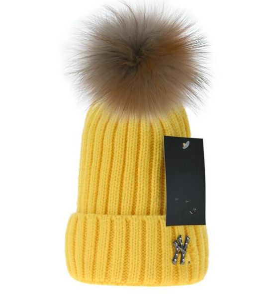 Primavera Otoño Gorros Letra NY Moda Pullover Cap Casual Real Raccoon Fur Ball Stripe Hat