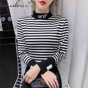 Printemps Automne Style coréen T-shirt Mode Mock Neck Patchwork Noir Blanc Stripe Femmes Tops à manches longues T-shirts en coton T11008A 210421