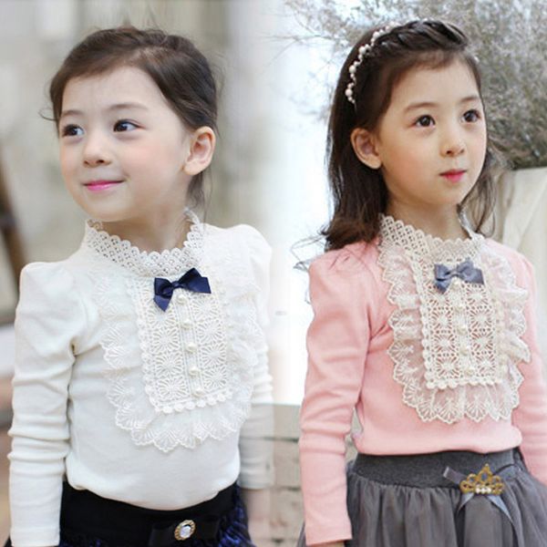 Primavera Otoño Invierno escuela niñas camisetas ropa niños blanco manga larga encaje arco niña Tops y blusa bebé niño ropa 20220112 H1