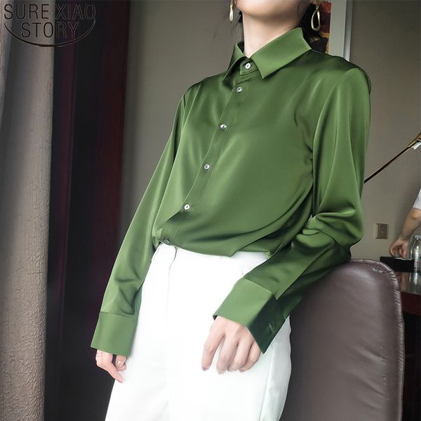 Printemps Mode Avocat Vert Satin Soie Chemise Vintage Blouse Femmes Coréen Haute Qualité Bouton Lâche Dame À Manches Longues Tops 12610 210417