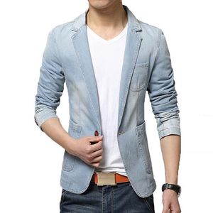 Primavera Moda Marca Hombres Blazer Tendencia Jeans Trajes Traje Casual Jean Chaqueta Slim Fit Denim Hombres Blazers278G