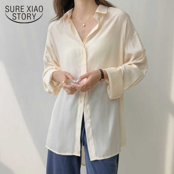 Primavera moda abotonada camisa sólida de talla grande blusa Vintage mujer albaricoque señora manga larga mujer suelta camisas de calle 13359 210528