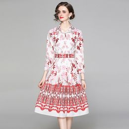Lente Mode Designer Runway Lange Dres's Turn Down Neck Sleeve Floral Print Casual 210531